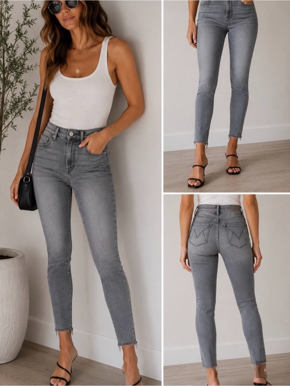 Mother High-Rise Looker Ankle Fray Gray Skinny Jeans for Women